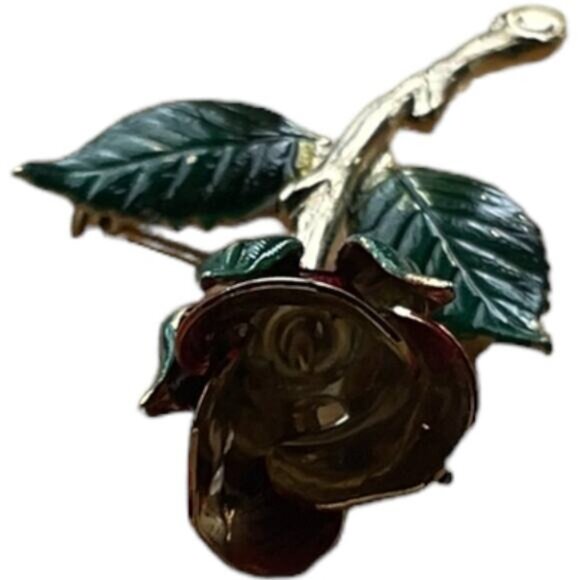 Vintage Metal Painted Red & Green Rose Brooch Pin - Picture 2 of 5